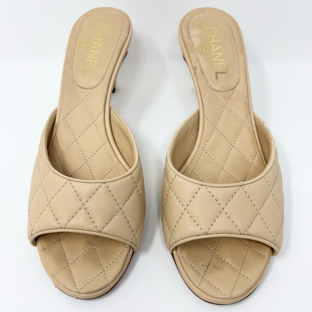 Chanel Quilted Lambskin CC Mules Beige Open Toe Mid Heel Size 39 - Picture 5 of 16